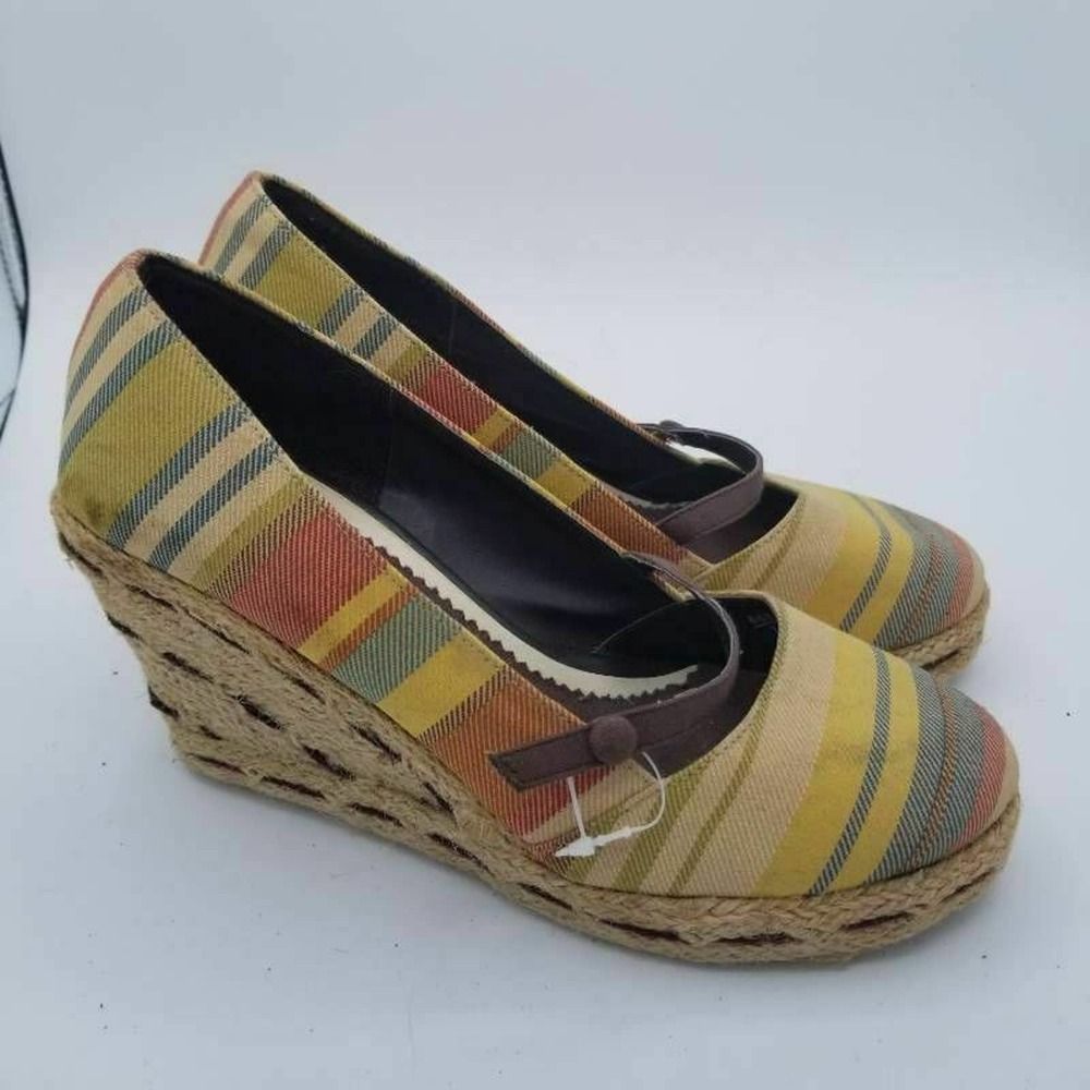 Dexter Womens Espadrille Mary Jane Shoes Yellow Red Striped Wedge Heels 7.5